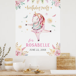 Unicorn Ballerina Pink Floral Birthday Party Poster