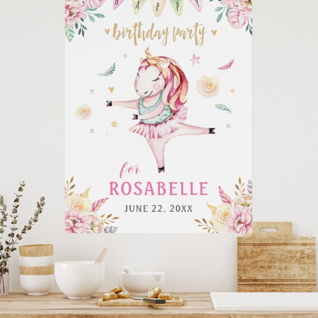 Unicorn Ballerina Pink Floral Birthday Party Poster (Kitchen)