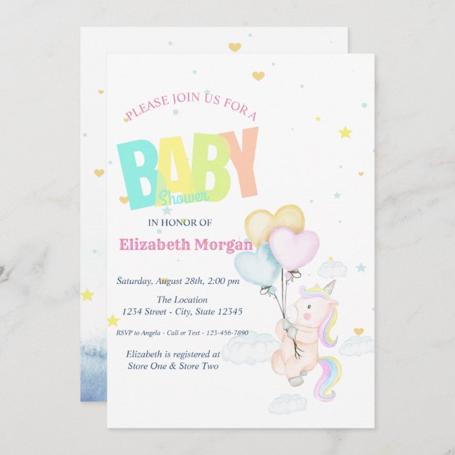 Unicorn,Balloons,Stars Baby Shower Invitation (Front/Back)