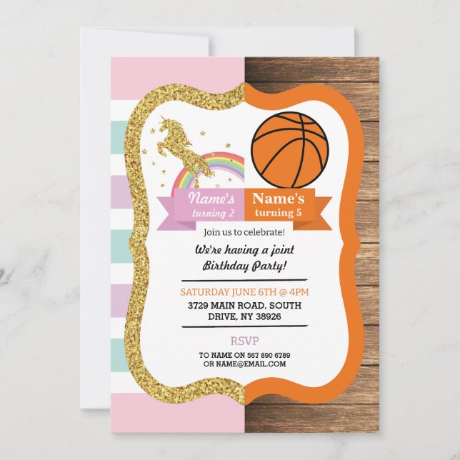 Unicorn & Basketball Joint Boy Girl Birthday Invitation (Front)