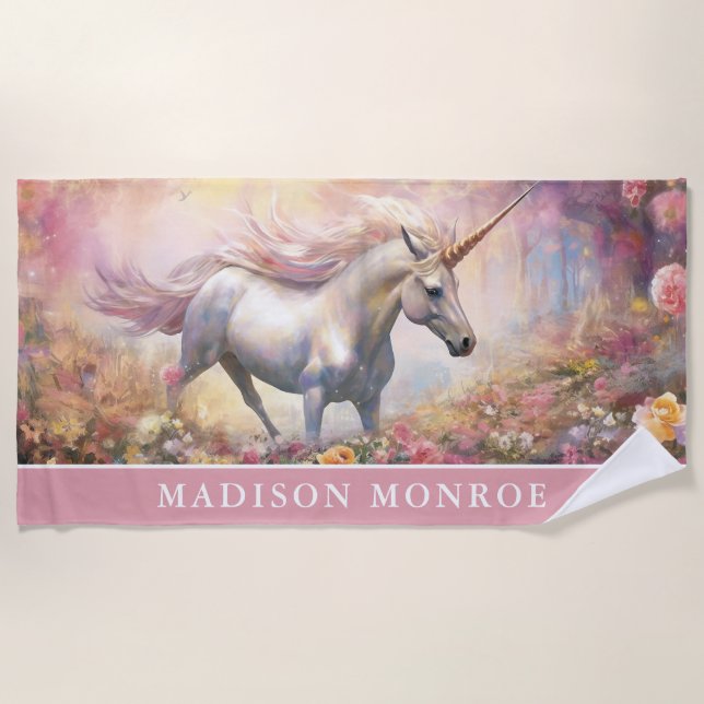 Unicorn Beach Towel with Custom Name (Front)