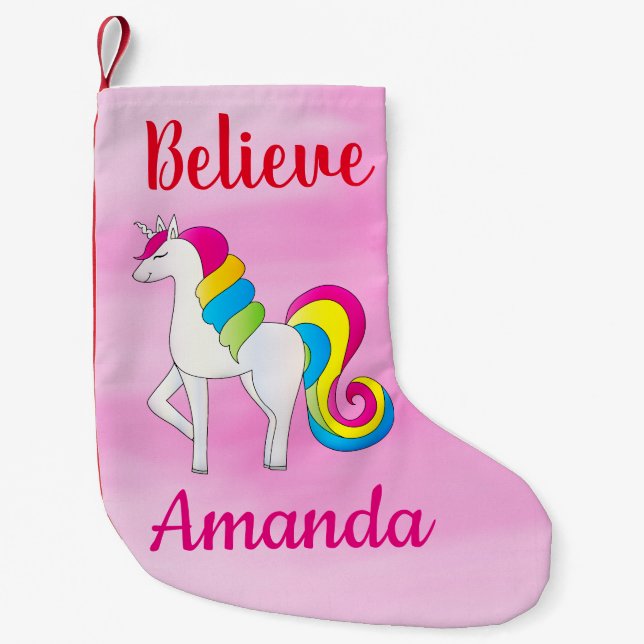 Unicorn Believe Cute Pink Custom Name Small Christmas Stocking (Front)