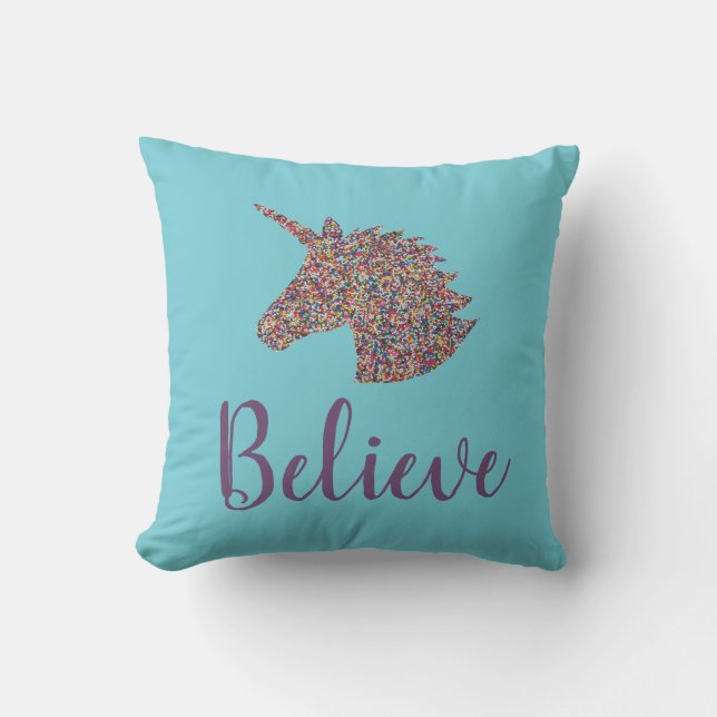 Unicorn Believe Rainbow Sprinkles Turquoise Cushion (Front)