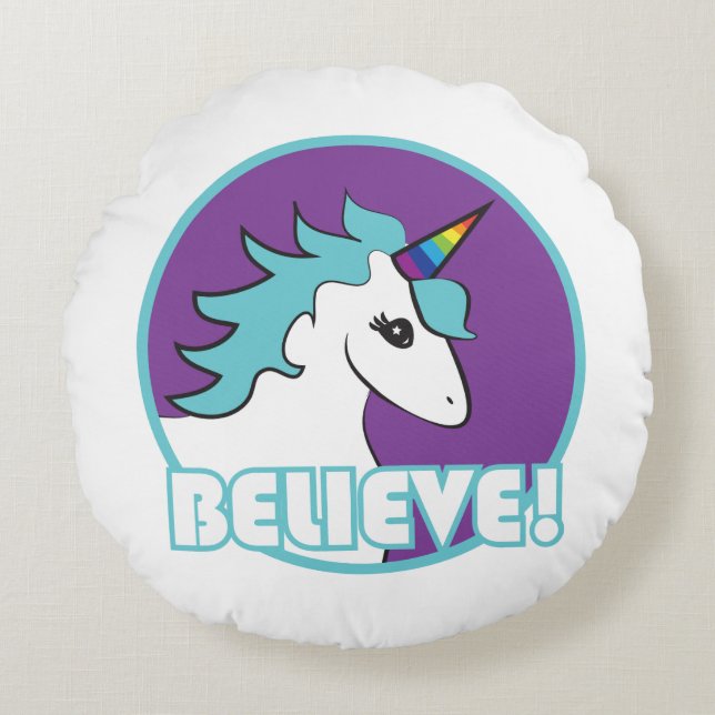 Unicorn "BELIEVE!" Round Cushion (Front)