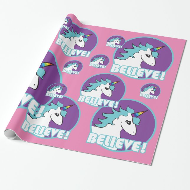 Unicorn "BELIEVE!" Wrapping Paper (Unrolled)