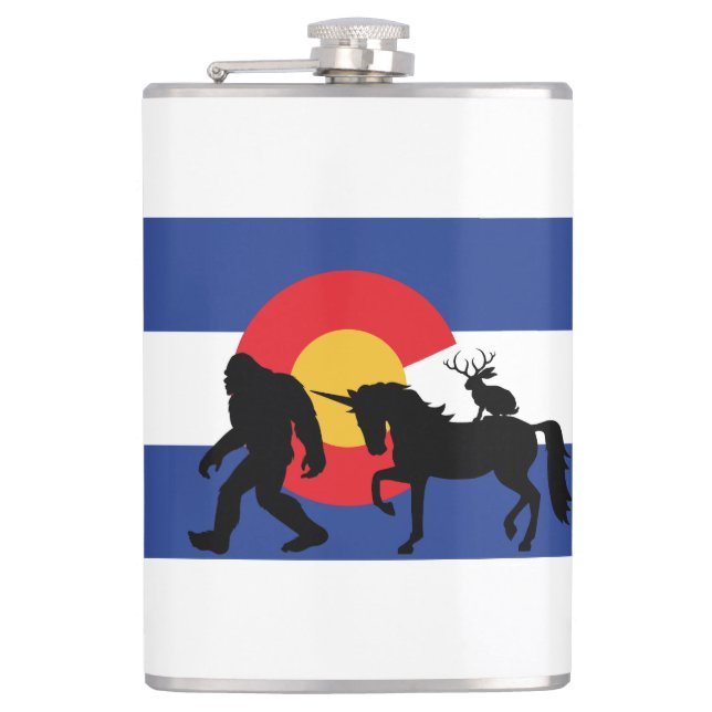 Unicorn, Bigfoot and Jackalope Hip Flask (Front)