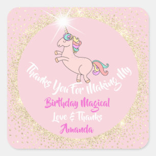 Unicorn Birthay Party Pink Thanks Gold Spark Square Sticker