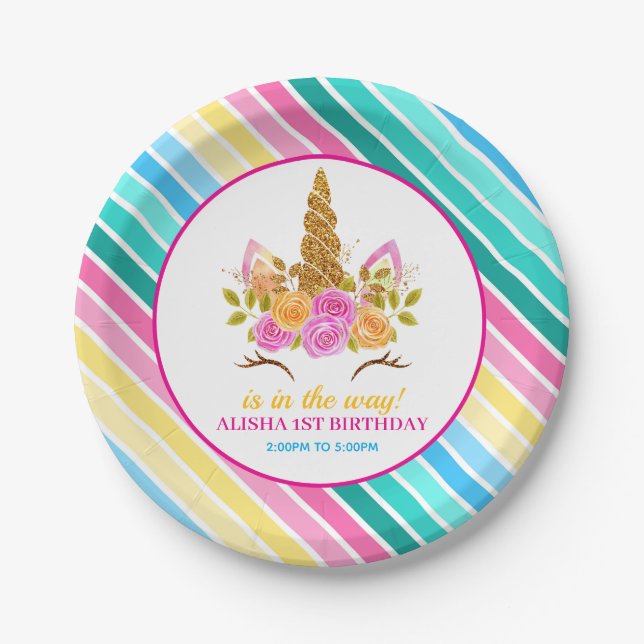 Unicorn Birthday 1st Birthday Party Paper Plate (Front)