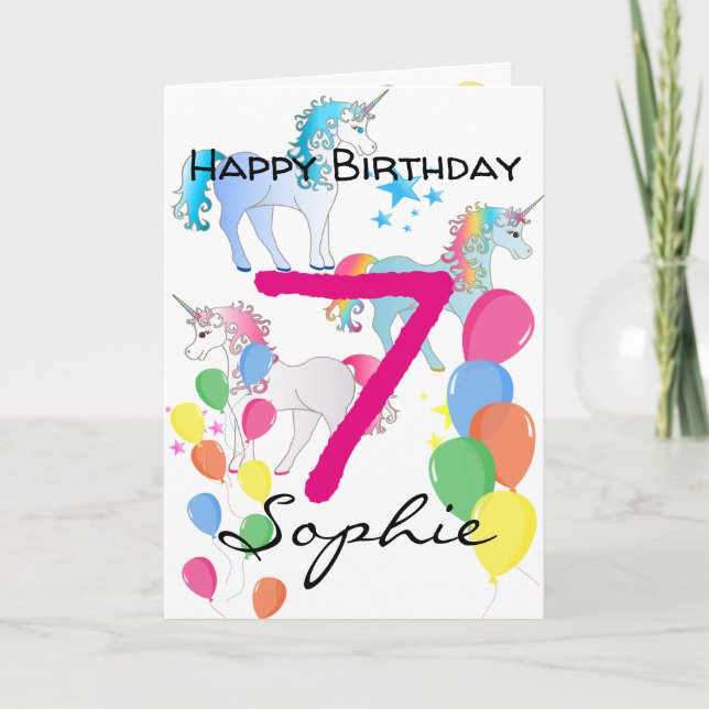 Unicorn Birthday Card For 7 Year Old Girl (Front)