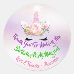 Unicorn Birthday Favour Pink Spark Gold Floral Classic Round Sticker