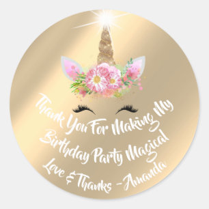 Unicorn Birthday Favour Pink Sparkly Gold Floral Classic Round Sticker