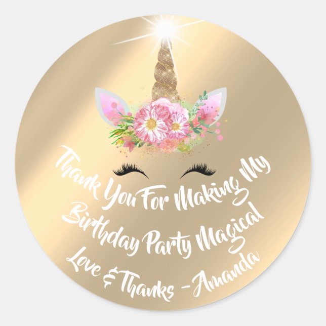 Unicorn Birthday Favour Pink Sparkly Gold Floral Classic Round Sticker (Front)
