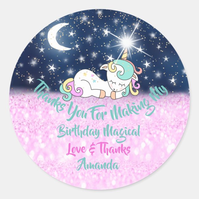 Unicorn Birthday Favour Pink Thanks Stars Magic Classic Round Sticker (Front)