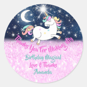 Unicorn Birthday Favour Pink Thanks Stars Spark Classic Round Sticker