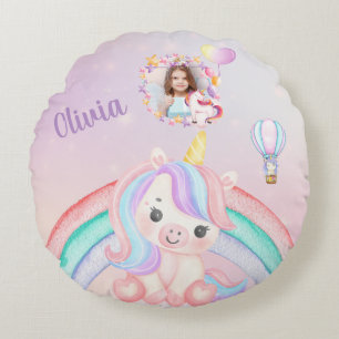 Unicorn Birthday Gift For girls - Name And Photo Round Cushion