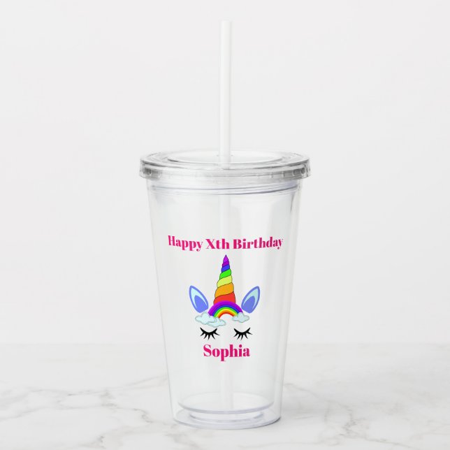 Unicorn Birthday Girl Cute Rainbow Add Name Age Acrylic Tumbler (Front)