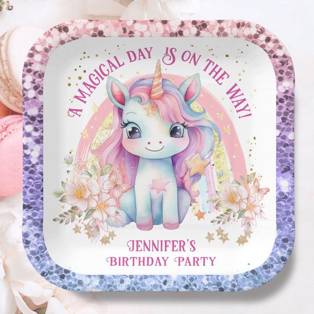 Unicorn Birthday Girl Pink Rainbow Glitter Paper Plate (Creator Uploaded)