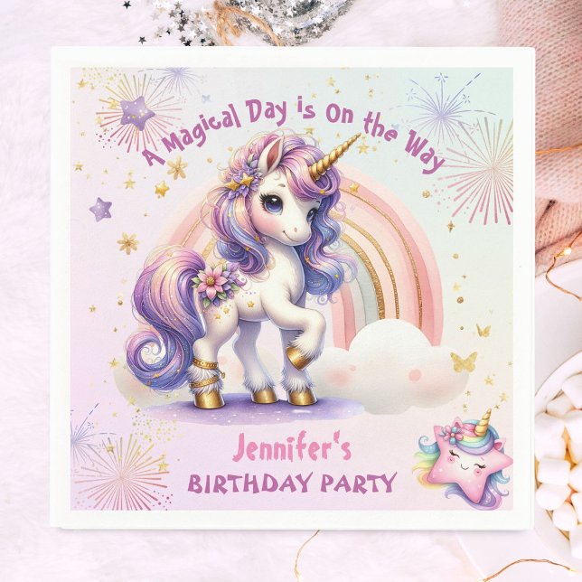 Unicorn Birthday Girl Purple Gold Rainbow Paper Napkin (Creator Uploaded)