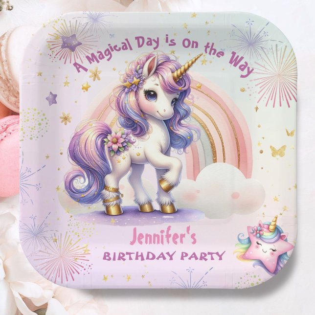 Unicorn Birthday Girl Purple Gold Rainbow Paper Plate (Creator Uploaded)
