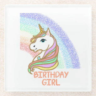 Unicorn Birthday Girl Rainbow Glass Coaster