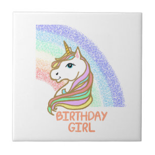 Unicorn Birthday Girl Rainbow Tile