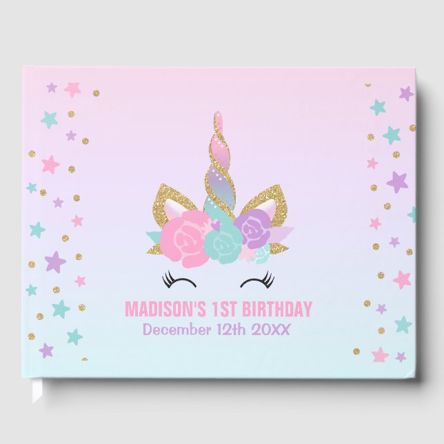 Unicorn Birthday Guest Book 1st Birthday Book (Front)