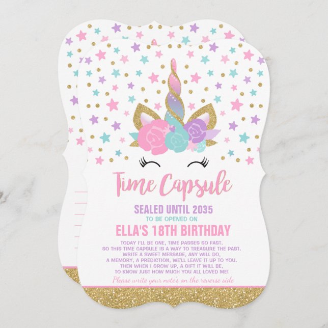 Unicorn Birthday Guestbook Time Capsule With Notes Invitation (Front/Back)
