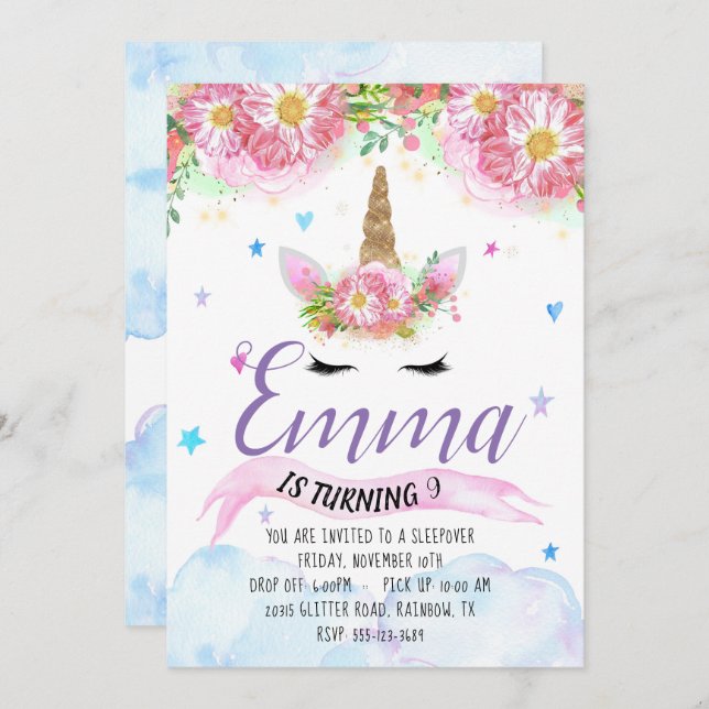 Unicorn Birthday Invitation (Front/Back)