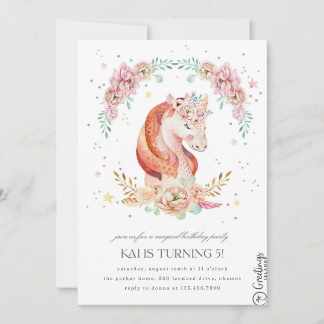 Unicorn Birthday invitation  5  years (Front)