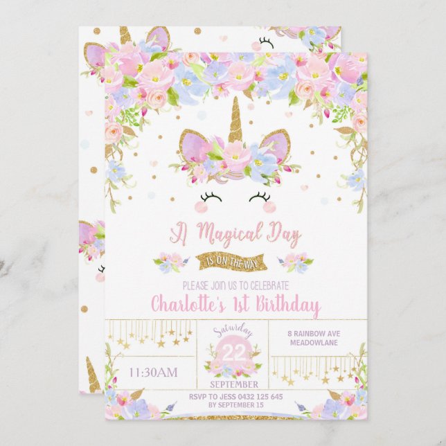 Unicorn Birthday Invitation Cute Floral Girls (Front/Back)