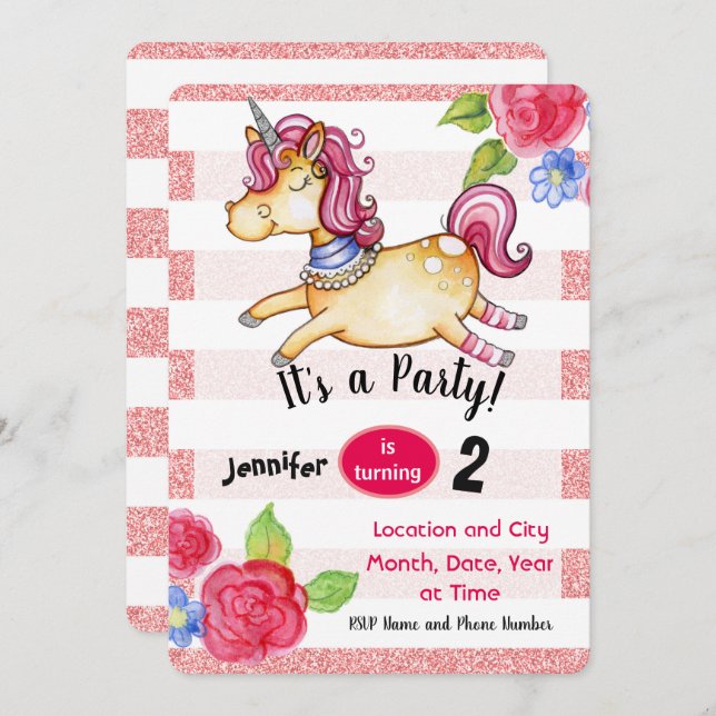 Unicorn Birthday Invitation Editable Card Pink (Front/Back)