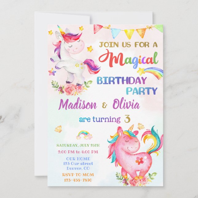 Unicorn birthday invitation for girls Magic party (Front)
