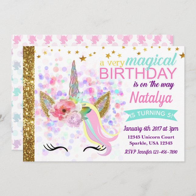 Unicorn Birthday Invitation Magical (Front/Back)