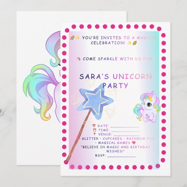 Unicorn Birthday Invitation – Magical Rainbow Part (Front/Back)