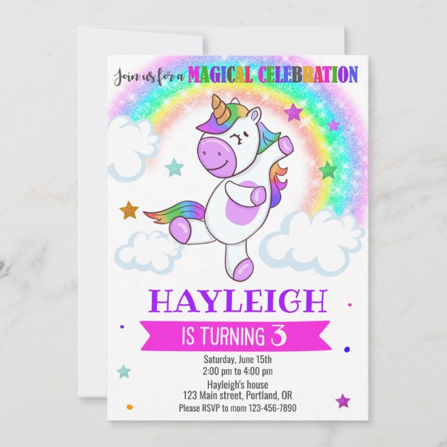Unicorn birthday invitation Magical rainbow party (Front)