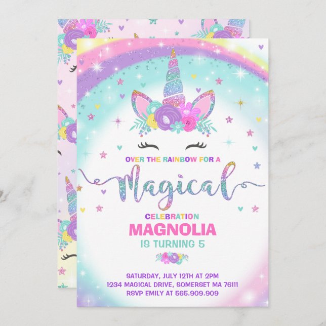 Unicorn Birthday Invitation Magical Unicorn Party (Front/Back)