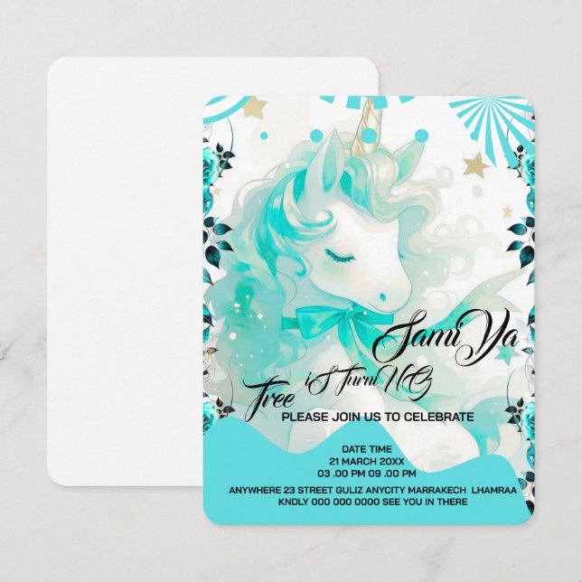 Unicorn Birthday Invitation ,  Party Invite Sparkl (Front/Back)