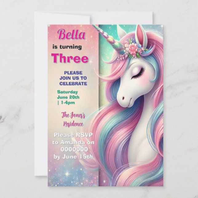Unicorn Birthday Invitation Pastel Rainbow Party (Front)