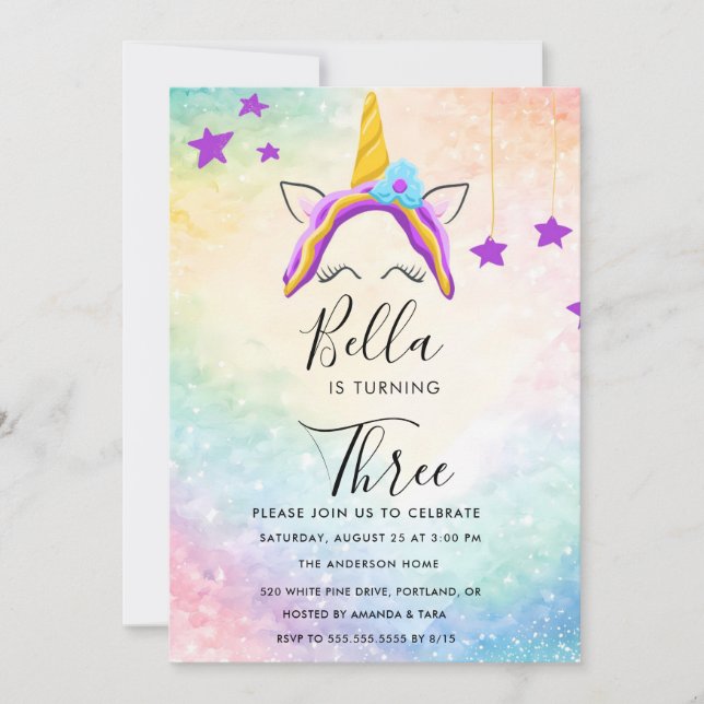 Unicorn Birthday Invitation Pastel Rainbow Party (Front)