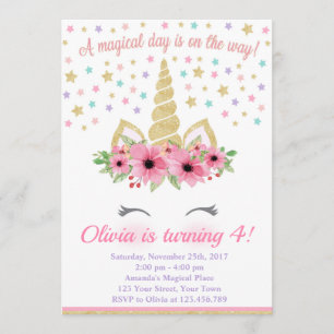 Unicorn Birthday Invitation, Pink and Gold Invitation