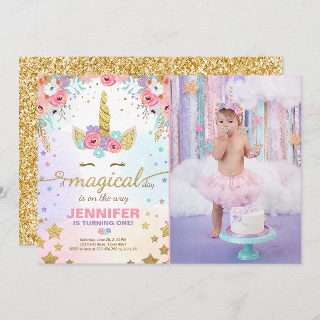 Unicorn Birthday Invitation Pink Gold Magical (Front/Back)