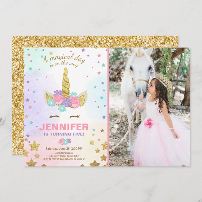 Unicorn Birthday Invitation Pink Gold Magical (Front/Back)