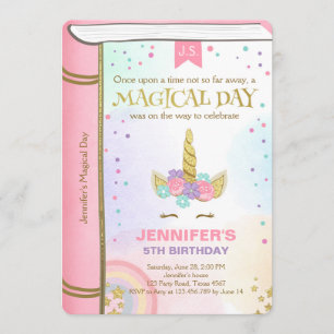 Unicorn Birthday Invitation Pink Gold Magical Book