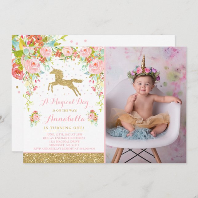 Unicorn Birthday Invitation Pink Gold Unicorn (Front/Back)
