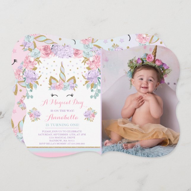 Unicorn Birthday Invitation Pink Gold Unicorn (Front/Back)