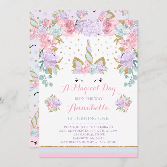 Unicorn Birthday Invitation Pink Gold Unicorn (Front/Back)