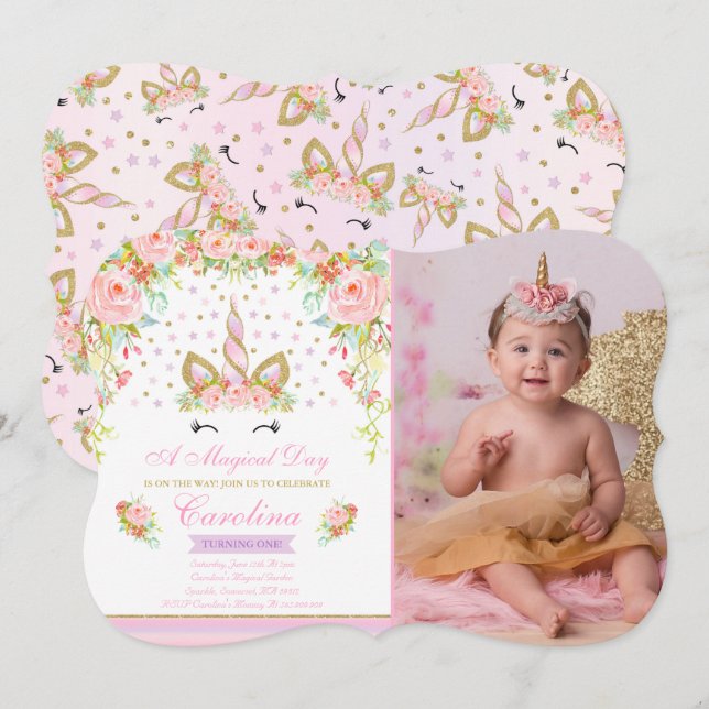 Unicorn Birthday Invitation Pink Gold Unicorn (Front/Back)
