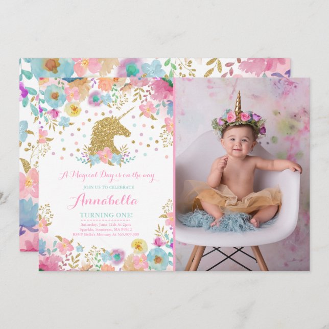 Unicorn Birthday Invitation Pink Gold Unicorn (Front/Back)