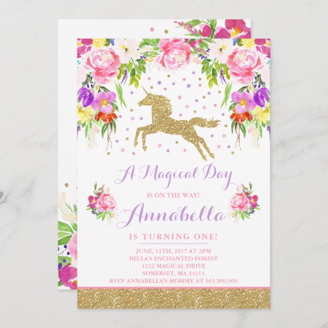 Unicorn Birthday Invitation Pink Gold Unicorn (Front/Back)