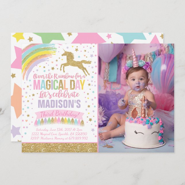Unicorn Birthday Invitation Pink Gold Unicorn (Front/Back)